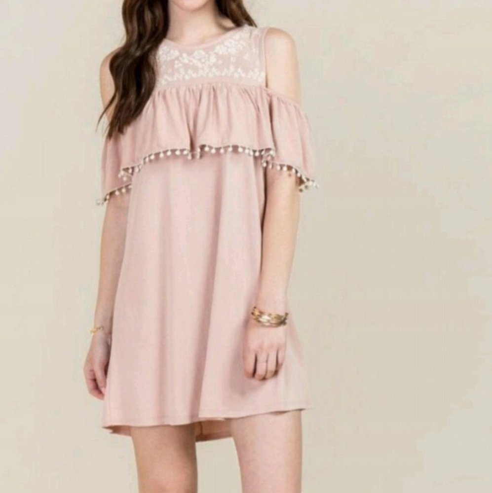 COPY - 2/$20 Francesca's Alya Cold Sloulder Pom Pom Dress
